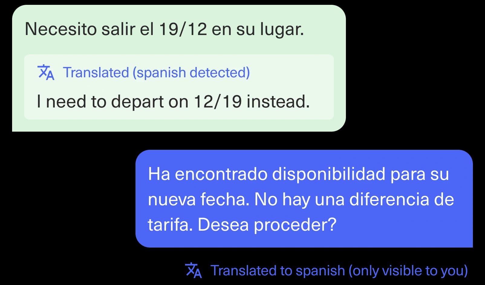 A chat exchange with text in Spanish and its English translation.