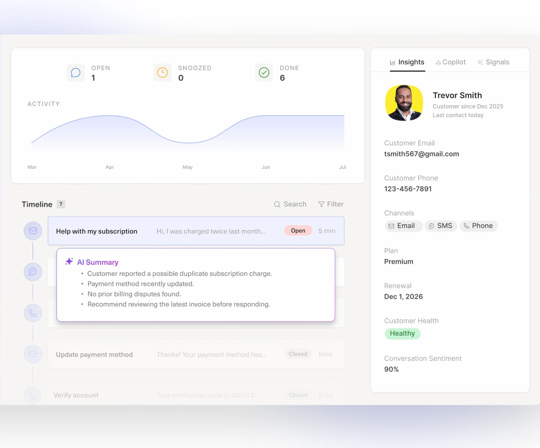 Kustomer agent workspace showing customer insights, activity, and conversation timeline