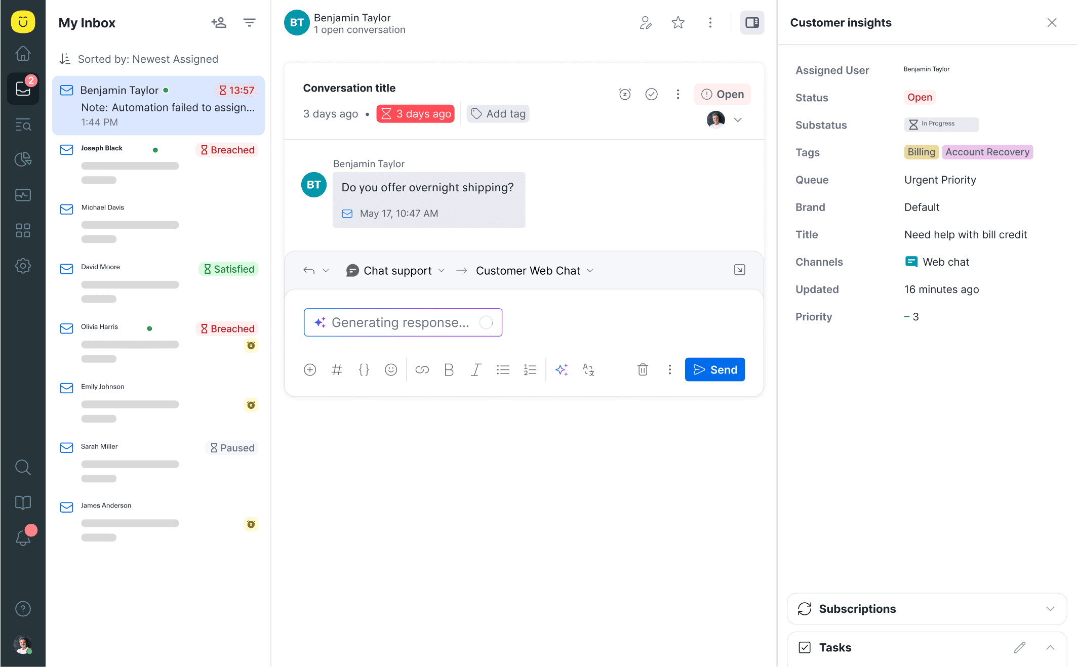 A customer support dashboard displays an active chat with a customer asking about overnight shipping. The interface shows ticket details, status updates, assigned agent info, and customer insights on the right side.