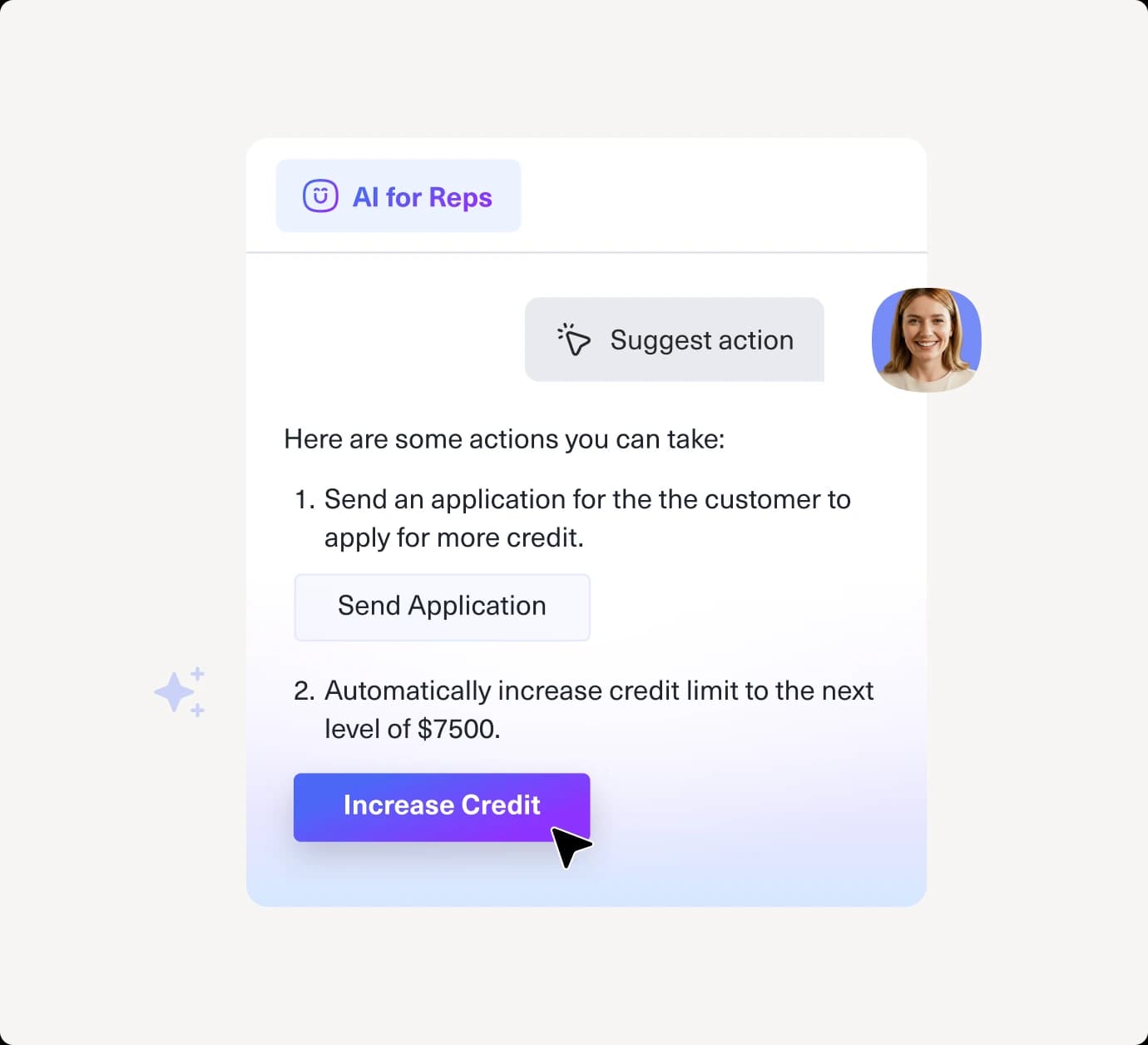 A user interface shows AI suggestions for sales reps, offering actions like send a follow-up email or schedule a call, alongside customer account details and recent activity.