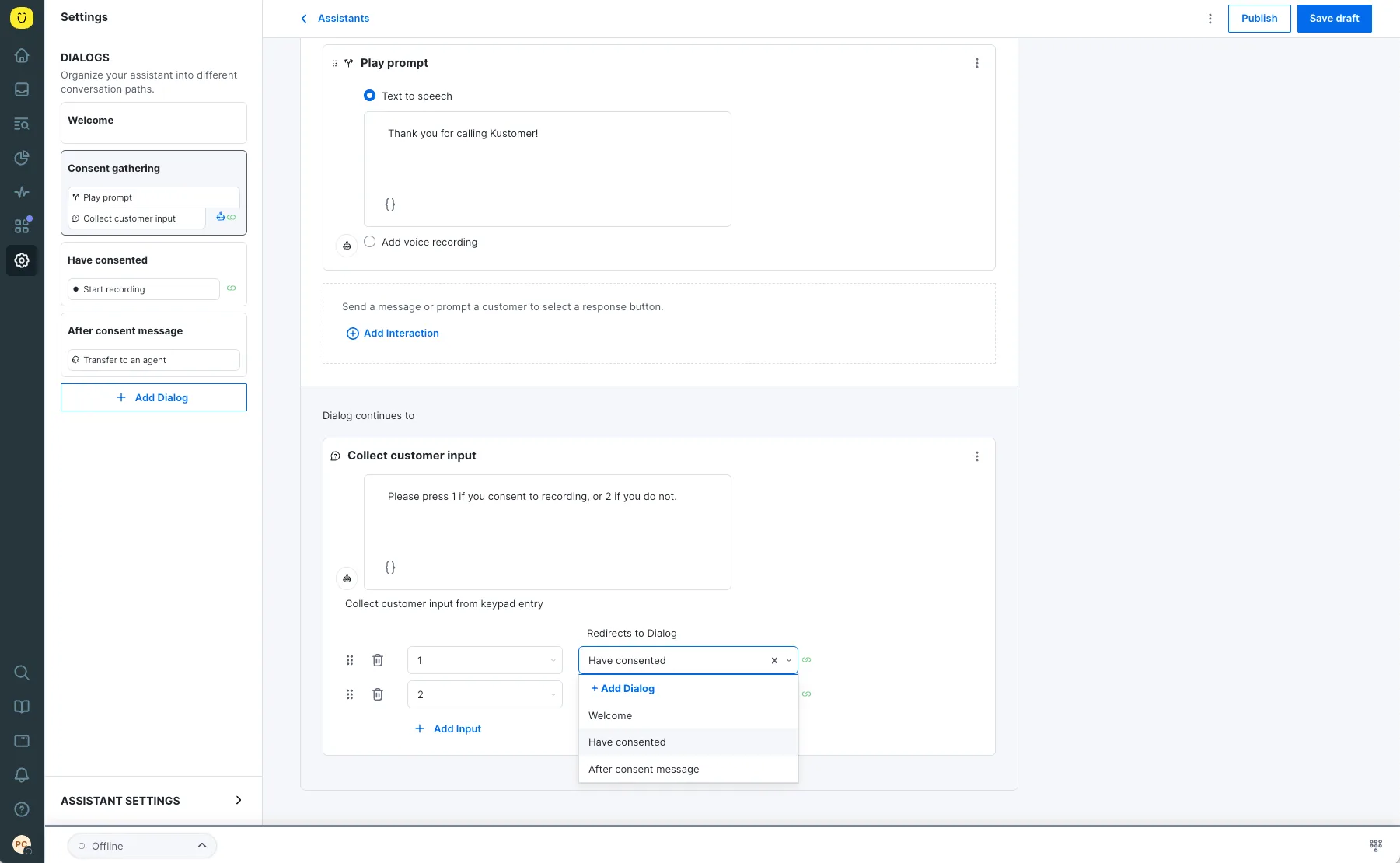 This is a product image of the IVR settings for adding the customer consent for Kustomer Voice call recording.