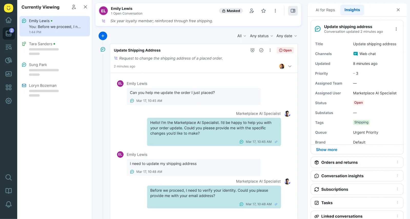 Screenshot of a customer support dashboard showing an open ticket. The conversation, similar to a newsletter thread, involves updating a shipping address between Emily Lewis and a Marketplace Specialist. Various menu options appear on the sides.