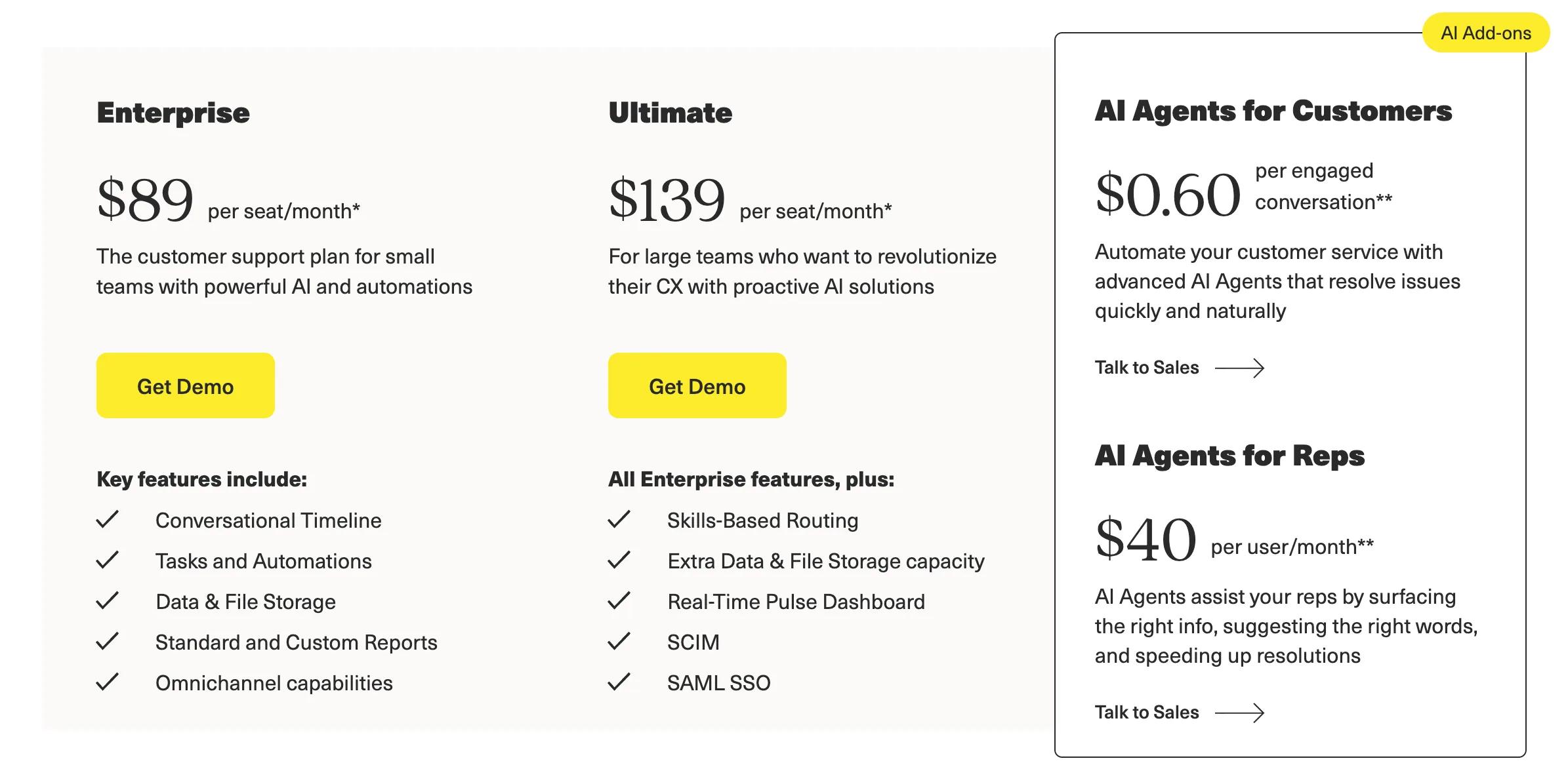 A pricing chart compares Enterprise and Ultimate zendesk pricing plans with features, plus AI add-ons for Customers ($0.60/engaged conversation) and Reps ($40/user/month). Each plan lists features and includes a Get Demo or Talk to Sales button.